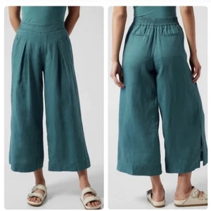 Athleta Playa 100% Linen Wide Leg Crop Women’s 4 Elastic Waist Pockets Teal - Picture 1 of 7