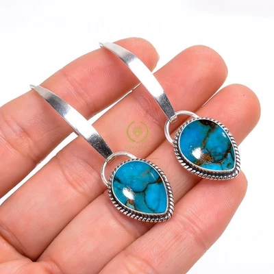 Blue Copper Turquoise Gemstone Handmade Earring Dangling Earring 925 Sterling - Image 1 of 4