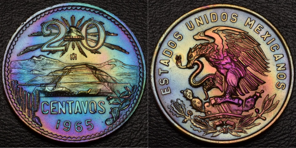UNC 1965 México 20 Centavos PRECIOSO ARCO IRIS TONIFICACIÓN OBV y Rev (L50-40) Foto 1 de 3