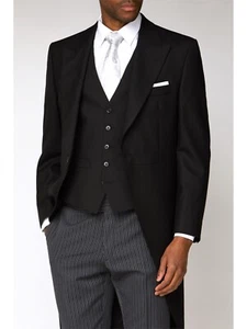 BLACK HERRINGBONE MORNING WOOL TAILCOAT - WEDDING, ROYAL ASCOT, FUNERAL DIRECTOR - Picture 1 of 4
