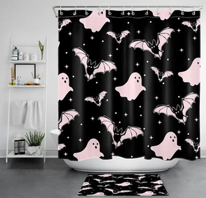 Creepy Bat Pink Ghost Black Halloween Shower Curtain Bathroom Accessories Set - Picture 1 of 21