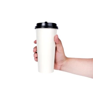 100 Ct. Eco Friendly White Poly Paper Hot Coffee Cups w/ Black Dome Lids 20 oz. - Picture 1 of 5