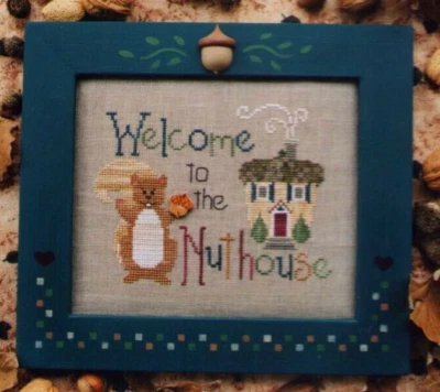 Cross Stitch Waxing Moon Designs Acorns Squirrel Welcome Nuthouse Needlework OOP - Image 1 of 3