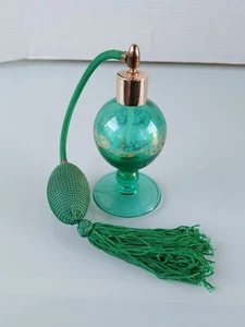 Green Decorated Glass Perfume Bottle w Atomizer & Tassel Handblown Stemmed Vtg - Picture 1 of 9
