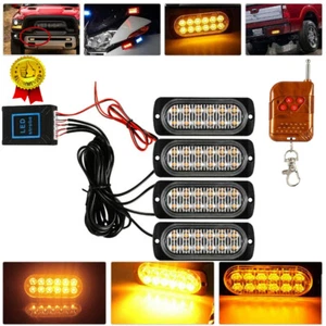 4PCS 12LED Amber Recovery Strobe Flashing Grille Light Car Beacon Lamp +Remote - Picture 1 of 12
