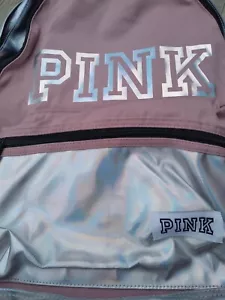 Victoria's Secret PINK Metallic Iridescent Silver Logo Campus Full Size Backpack - Picture 1 of 4