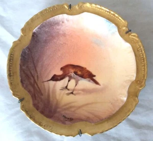 VINTAGE LIMOGES HAND PAINTED & SIGNED MUVILLE CABINET PLATE GAME BIRD PIPER? - Picture 1 of 7
