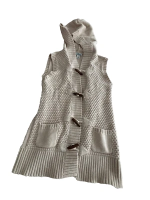 Antiguo Suéter Azul Marino Chaleco Tejido con Cable Bolsillos con Capucha Botones de Madera Retro Niña Grande Foto 1 de 4