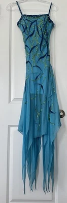 Винтажный Y2K ассиметричный синий желтый блестки фея русалка макси шелк бисером платье - Изображение 1 из 3