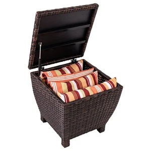 All Weather Resistant PE Wicker Storage Box Side Table with Iron Frame Brown - Picture 1 of 10