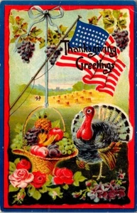 Postal Patriótica Acción de Gracias Saludos Pavo Bandera Cesta Abundancia 1910 14515 - Imagen 1 de 2