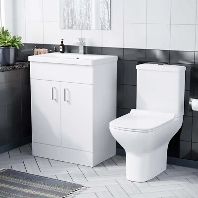 NES HOME 600mm Floorstanding White Basin Vanity & Rimless Close Coupled Toilet Flat Pack