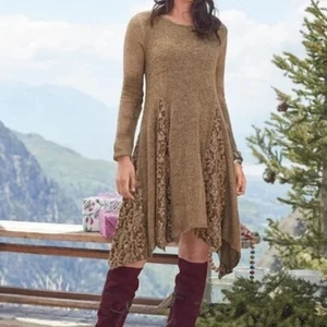 Scandal Womens Small Mohair Sweater Dress Brown Midi Velvet Embroidered Panels - Picture 1 of 12