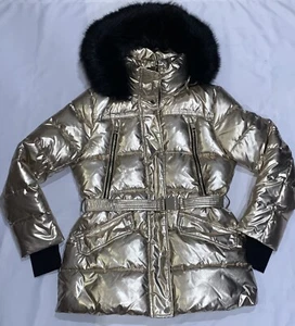 Michael Kors Puffer Jacket  with Faux Fur Hooded Trim Belt Metallic Gold Medium - Picture 1 of 21