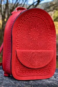 Women's Red HANDMADE embossed LEATHER bag lady's Handbag TALISMAN