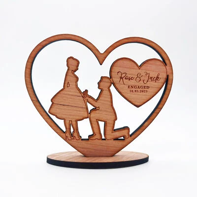 Wood Proposal Engagement Silhouette Engaged Heart Keepsake Personalised Gift - Image 1 of 3