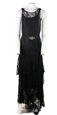 Vtg 30s 40s USA Women’s S M Black Lace Tiered Slip Maxi Gown Dress Deco Clip - Image 1 of 4