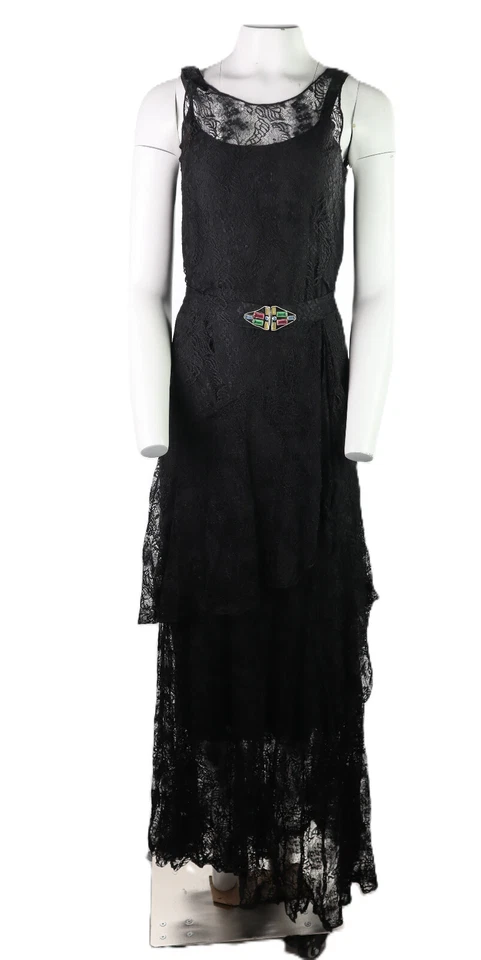 Vtg 30s 40s USA Women’s S M Black Lace Tiered Slip Maxi Gown Dress Deco Clip - Image 1 of 4