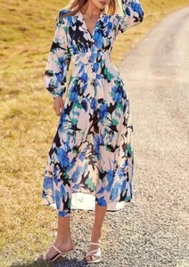 Womens Floral Midi Dress Casual V Neck Long Sleeve Flowy Beach Vacation Dresses - Picture 1 of 10