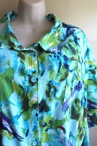 Camicia bianca cervo donna 4x cotone grezzo bottoni colletto S/S verde acqua astratta - Foto 1 di 7