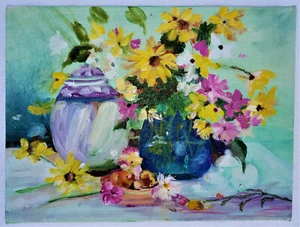 Mid-Century Modern Oil Painting on Stretched Canvas TEAPOT & FLOWERS Signed - Picture 1 of 3