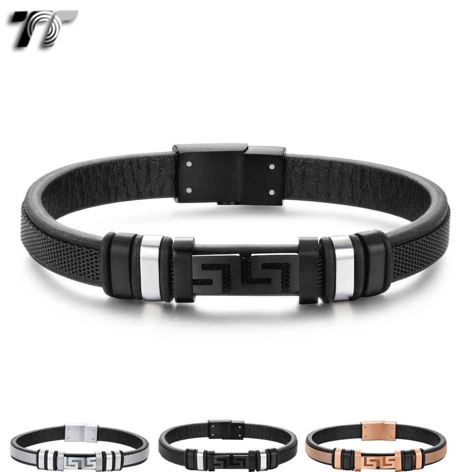 Pulsera TT Cuero Negro 316L Acero S. Llave Griega Imán Hebilla (BR332) NUEVO Foto 1 de 1