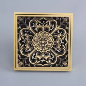 Flower Carved Art Square Bathroom Floor Drain 4" Floor Waste Grate Drainer 8hr12 - Picture 1 of 7