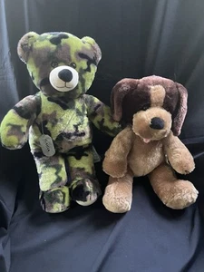 Build a Bear Camouflage Bear With Dog Tags & Brown Dog plush stuffed animal Lot - Picture 1 of 9