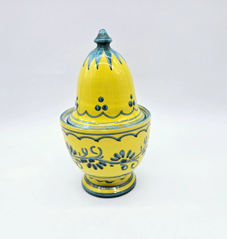 Italian Pottery 9" Lidded Canister Jar Hand Painted Bright Yellow & Teal - Image 1 of 4