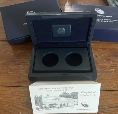 Juego de 2 monedas American Silver Eagle West Point 2013 estuche rígido y certificado (Sin monedas) Foto 1 de 4