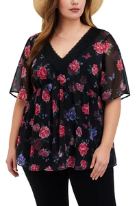 Babydoll de encaje floral transparente negro tórrido estampado de mariposas talla grande para mujer 2X - Imagen 1 de 14