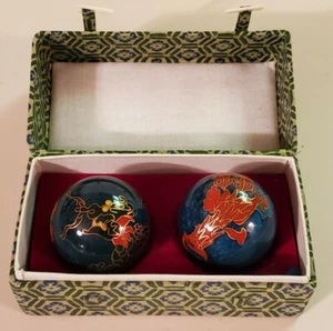 Chinese Hand Massage Relaxation Metal Balls w Case. Blue painted balls w sounds - Picture 1 of 7