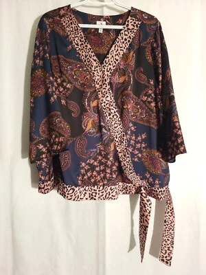 Dressbarn-黑色粉色棕色绿色动物佩斯利3/4袖交叉上衣-2X — 第 1/4 张图片