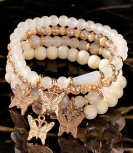 NEW Bohemian Style Multilayered Crystal Butterfly Pendant Bracelet ~ White #180 - Picture 1 of 6