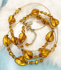 HILARY LONDON  MURANO Glass Beads Long NECKLACE Gold Amber Elegant Jewelry NWOT