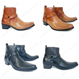 Brand New Men's Cowboy Boots Western Snakeskin Print Ankle Harness Strap Zipper - Picture 1 of 15
