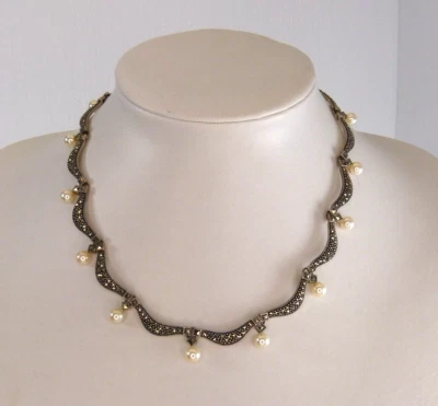 Elegante collar de plata esterlina, marcasita y perlas Judith Jack JJ Foto 1 de 4