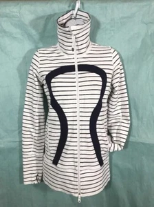 Lululemon Damen gestreifte Scuba durchgehender Reißverschluss Sweatjacke Größe 4 cremeweiß und blau - Bild 1 von 12