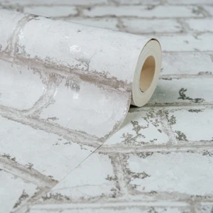 White Brick Wall Grey Shimmer Tones Effect Faux Metallic Feature Wallpaper 3D - Picture 1 of 5