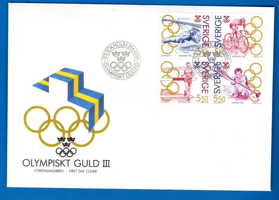 STAMPS SWEDEN-Swedish Olympic Games Medallists,3rd series, set of 4,FDC, 1992- # - Image 1 of 1