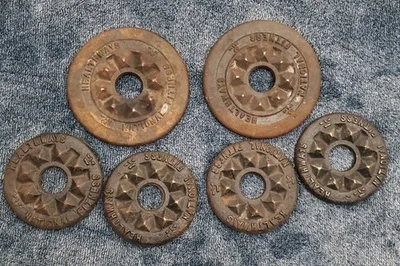 6 винтажных весовых тарелок 1 дюйм Healthways National Fitness 4x 1 1/4 фунта и 2x 2 1/2 фунта - Изображение 1 из 4