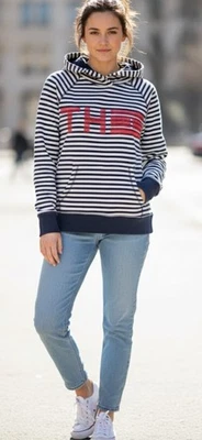 全新带标签 Tommy Hilfiger 条纹海军蓝连帽衫运动衫羊毛衬里女式 L 码 — 第 1/4 张图片