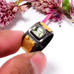 Green Amethyst Black And Gold Plated 925 Sterling Silver Ring s.6.5 Sku44 - Picture 1 of 3