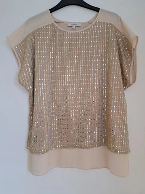 Oasis Gold Layered Top Blouse Size L Chiffon Glitter Short Sleeve Worn Once - Image 1 of 4