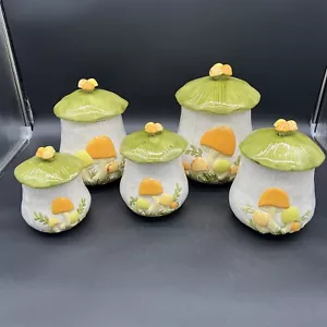Arnel’s Vintage Green Mushroom 5 Canister Set 70s One Repair - Picture 1 of 24