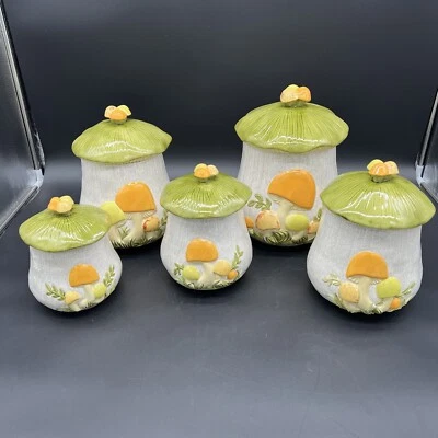 Arnel’s Vintage Green Mushroom 5 Canister Set 70s  One Repair - Image 1 of 4