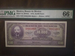 VERY RARE, HIGHEST GRADED, MATIAS ROMERO, MEXICO, 10,000 PESOS, 1978, PMG 66🔥! - Picture 1 of 2