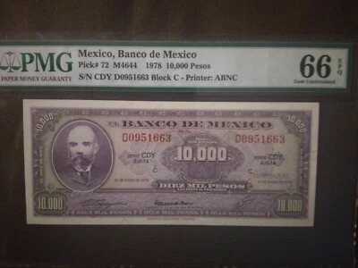 *SCARCE*, HIGH GRADE, PMG 66, MATIAS ROMERO, MEXICO, 10,000 PESOS, 1978🔥! - Image 1 of 2