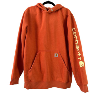 CARHARTT Safety Orange Hoodie Graphic Sleeve Loose Fit Sweatshirt Mens Large
