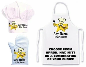 PERSONALISED STAR BAKER FUN FACE APRON,CHEFS HAT, OVEN MITT SINGLE / CREATE SET - Picture 1 of 7